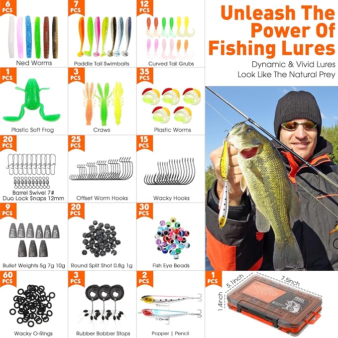 RoundFunny 256 Pcs Fishing Backpack with Tackle Box Gears, Tackle Sling Bag Backpack, Fishing Hook, Lures, Retractable Landing Net, Plier, Lip Gripper, Hook Remover, Fish Gift Men