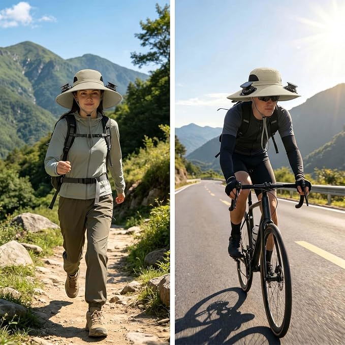 Solar Powered Fan Hat for Men Women Wide Brim Hat with 2 Fans UPF 50+ Outdoor Fishing Beach Sun Hat