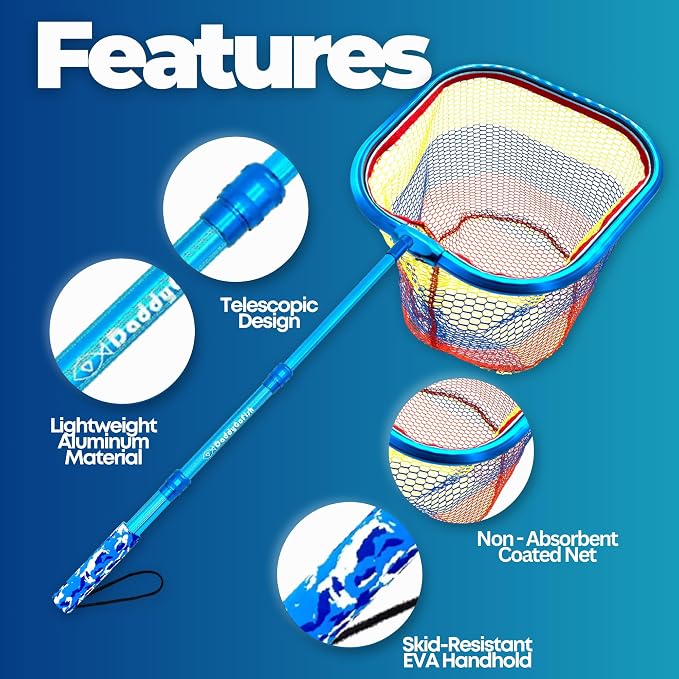 DaddyGoFish Kids Fishing Net - Extendable Telescopic Landing Net for Boy Girl Children Catching Small Fish Crab Shrimp Minnow Dragonfly Beach Pier Lake River Ocean