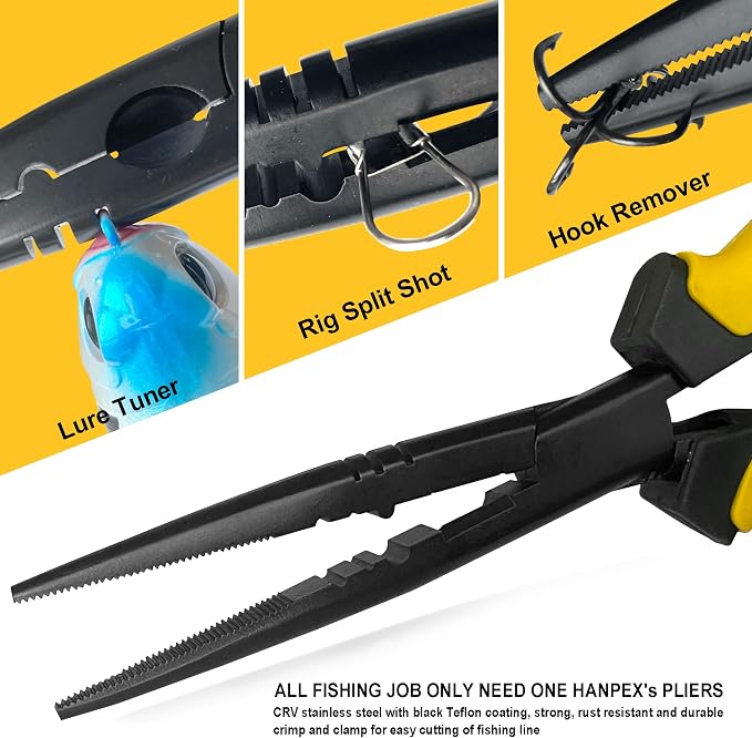 Hanpex-9 inch Fishing Pliers with Anti-rust Teflon coated, Freshwater/Saltwater Fishing Tools, Comfort Grip Handles Fishing Gear Idea for Fishing Trip