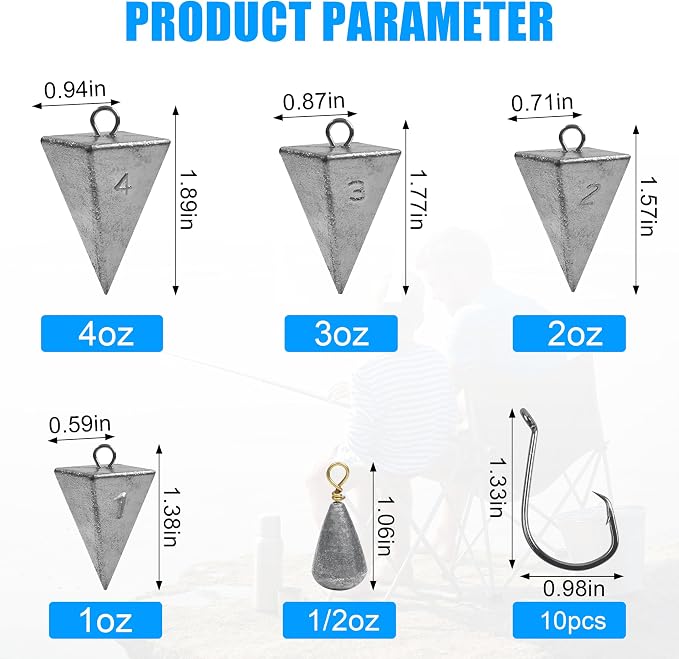 Saltwater Surf Fishing Tackle Kit - Saltwater Surf Fishing Rigs Bottom Rigs Include Fishing Leader Rigs Pyramid Sinkers Bass Casting Sinker Circle Hooks for Striped Bass Red Drum Flounder