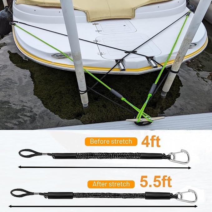 Boat Bungee Dock Lines, Mooring Rope with Stainless Steel Clip,Boat Ropes for Docking, Boat Accessories, Suit for PWC, Kayak, Seadoo, WaveRunner, Pontoon, Bass Boat, 4ft (Black)
