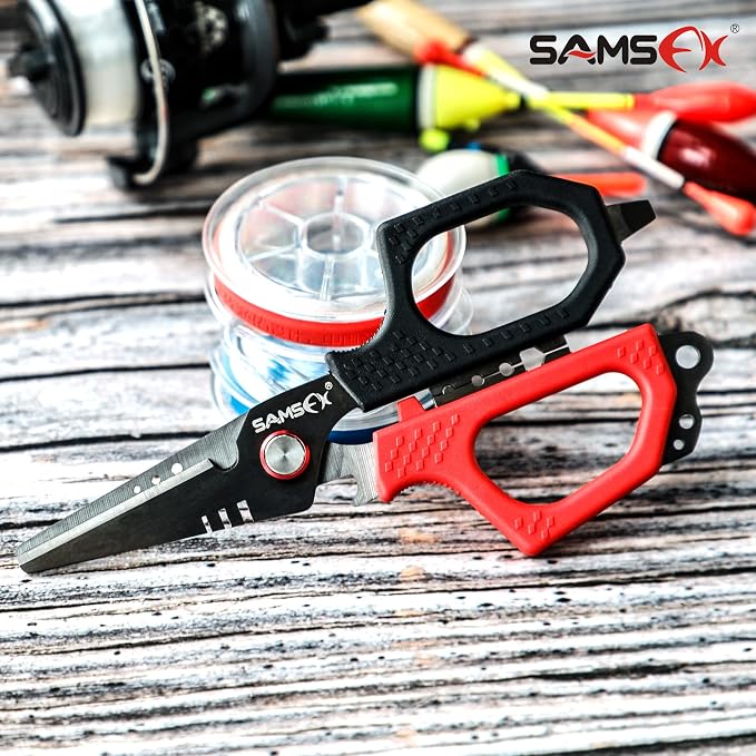 SAMSFX 6.5" Pro Fishing Shears Dual Serrated Blades, Fishing Braided Line Scissors with Titanium Coating, Non-Slip Grip & Multifunction Tool, Includes Hard Molded Locking Sheath & Coiled Lanyard