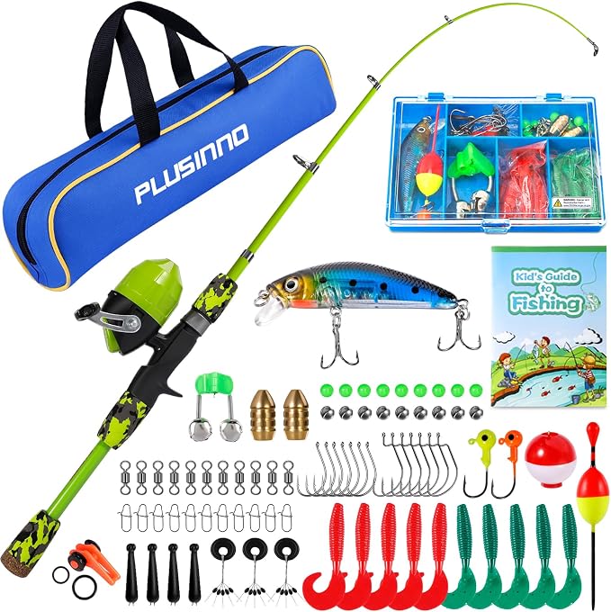 PLUSINNO Kids Fishing Pole with Spincast Reel Telescopic Fishing Rod Combo Full Kits for Boys, Girls, and Adults