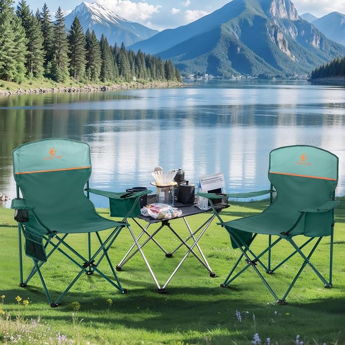 LET'S CAMP Camping Chair 2 Pack Folding Chair with 4-Can Cooler Bag Portable Lawn Chair with Cup Holder,Storage Pocket, Supports 250LBS, Collapsible Chair for Camp, Beach, Picnic (Green)