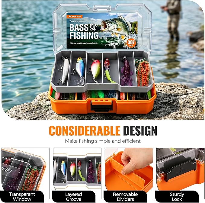 PLUSINNO Bass Fishing Lures - 307PCS Professional Bass Fishing Kit with 6 Pre-Rigged Rigs, All Water Depths Fishing Tackle Box Kit, Fishing Gear Lure Kit Gift for Men Freshwater Bass Trout Walleye