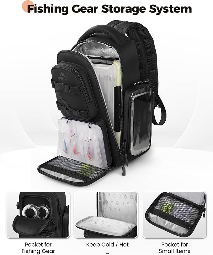 MATEIN Fishing Sling Bag with Lure Rod Holder & Phone Pouch, Waterproof 3600 Tackle Box Backpack with Removable Bait Binder