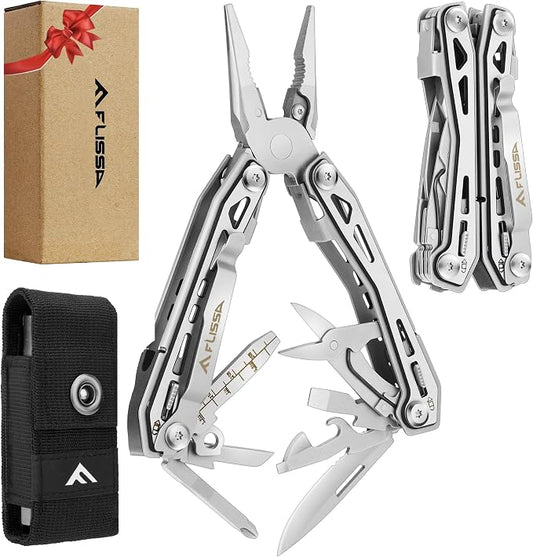 FLISSA 16-in-1 Stainless Steel Multi Tool, Gifts for Men Dad, EDC Multitool with Pocket Knife, Pliers, Belt Clip and Oxford Sheath, Self-locking Utility Multi-Tool for Camping Survival Outdoor