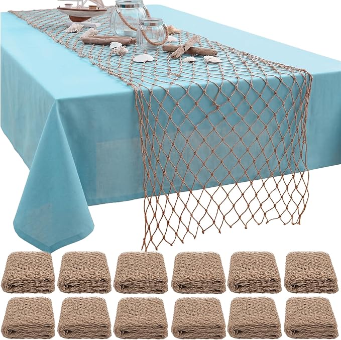 SATINIOR 12 Pcs Fish Net Party Decorations Fishing Net Table Runner 12x72'' Decorative Nautical Cotton Fishnet for Pirate Mermaid Hawaiian Ocean Beach Under the Sea Themed Party Decor (Linen)
