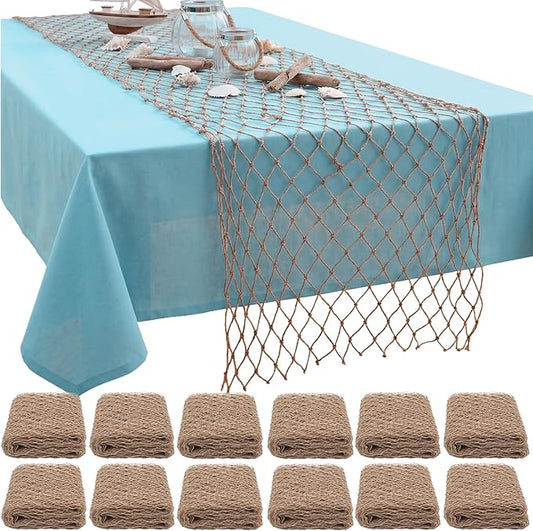 SATINIOR 12 Pcs Fish Net Party Decorations Fishing Net Table Runner 12x72'' Decorative Nautical Cotton Fishnet for Pirate Mermaid Hawaiian Ocean Beach Under the Sea Themed Party Decor (Linen)