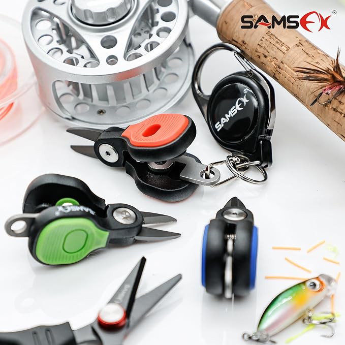 SAMSFX Fishing Nipper with Retractable Tether, Stainless Steel Blades that Cut Braid, Mono and Fluoro Lines, SNIP, Fishing Line Cutters (Blue)