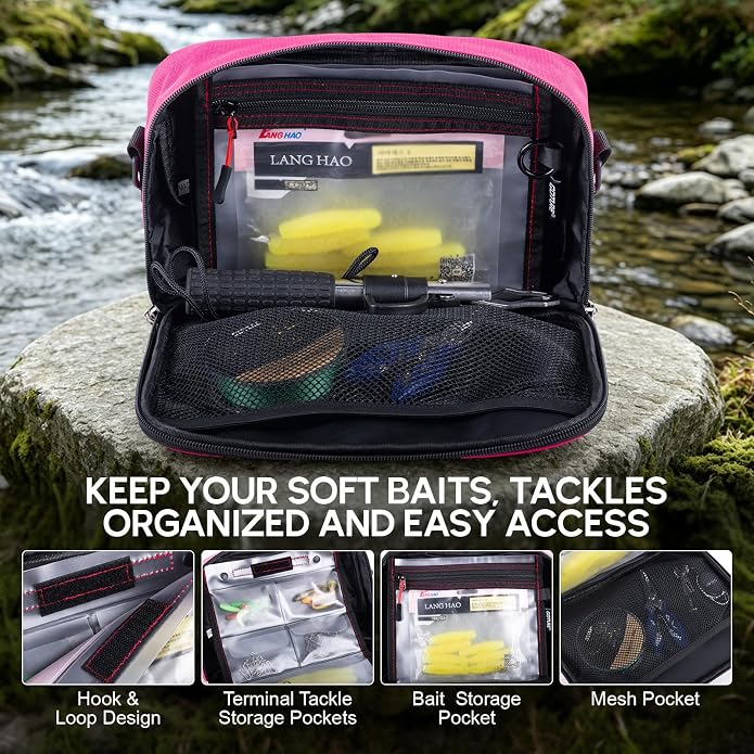 Goture Fishing Tackle Bag, Bait Storage Binder with Detachable PVC Clear Sleeves, 900D Water-Resistant Pink Sling Bag, Soft Bait Hooks Sinkers Fishing Accessories Storage for Saltwater & Freshwater
