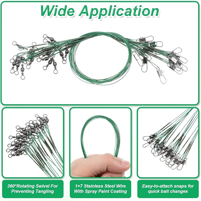 50 Pcs Fishing Leaders with Swivels, Steel Wire Fishing Leader High-Strength Anti-Bite Wire Leader Line Kit for Saltwater Freshwater, Connects Lures, Hooks, Rigs (Green, 4/6/8/10/12 Inch)