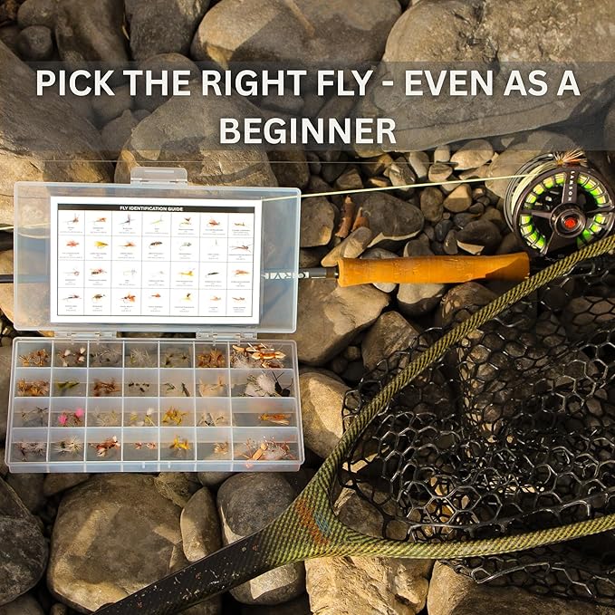 Fly Fishing Flies Kit | Hand-Tied Dry Flies, Nymphs, Streamers, Terrestrials | Waterproof Fly Box + Pattern ID Card | Trout, Bass, Panfish | Beginner Friendly Gift Set