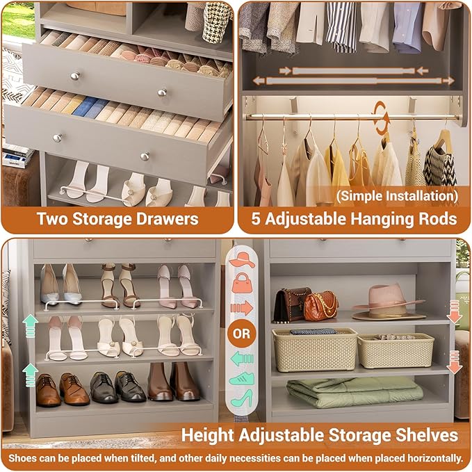 Closet System with 2 Drawers, 5 Hanging Robs, 4 Adjustable Shelves, 90.5"*31.5" Closet Organizer System with Corner Tower, L-shape Walk-in Closet System, Corner Closet System Set of 2, Morandi Grey