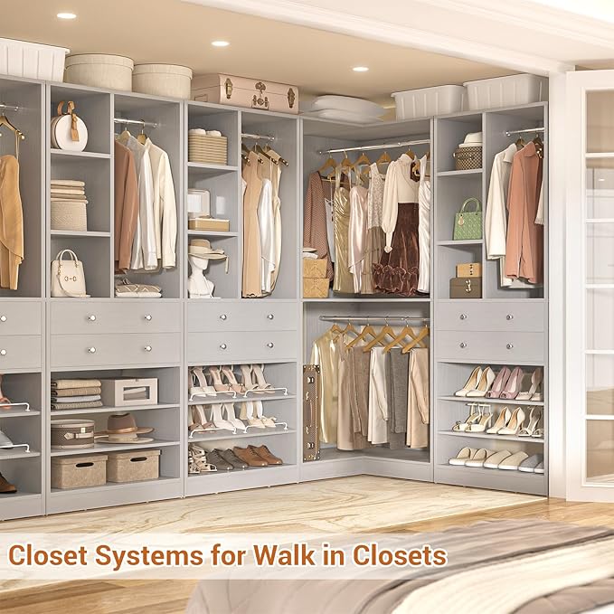 Closet System with 2 Drawers, 3 Hanging Rods, 59.5" * 31.5" Closet Organizer System with Corner Tower, Reversible L Shaped Walk-in Closet System, Corner Closet System Set of 2, Morandi Grey