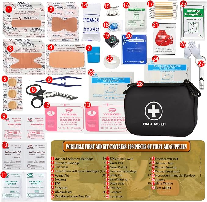 First Aid Kit 196 Piece Waterproof Medical Kit Hard Shell Portable, Black | Waterproof Hard Shell Portable Emergency Kits for Home, Camping, Cars, Hiking, Travel, Outdoor, Adventure