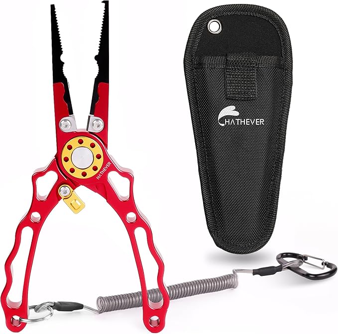 Fishing Pliers Saltwater, Split Ring Pliers Hook Remover with Safety Lock, Fishing Tools with Sheath and Lanyard, Fishing Gifts for Men