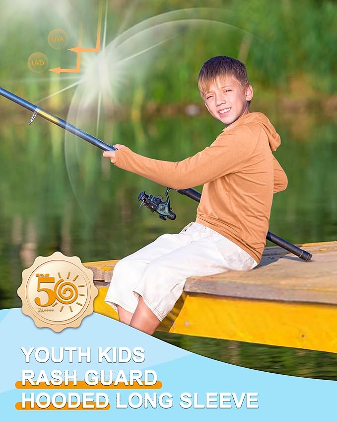 Roadbox Boys Rash Guard Hooded Fishing Shirt, Kids UPF 50+ Long Sleeve Sun Hoodie, Youth UV Protection Beach Swim Shirts