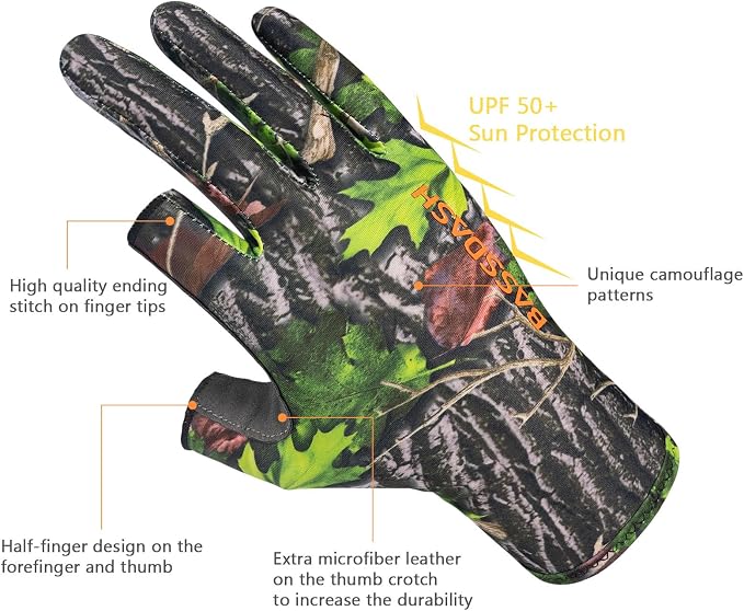 BASSDASH Unisex Fingerless Camo Hunting Gloves for Men's Women's Early Season Warm Weather UPF 50+ Lightweight Fishing Photography HG03