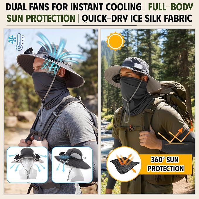 Syhood Solar Powered Fan Hat Neck Gaiter Arm Sleeves Sun Bucket Hat with Fan Cooling Wide Brim Hats for Fishing Hiking