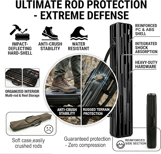 Hard Shell Fishing Rod Case, 50" Protective Rod Tube (4-in-1 Set) for 7ft 2-Piece Rods, Crushproof & Water-Resistant Travel Carrier, Heavy-Duty Storage for Bass, Fly & Saltwater Fishing