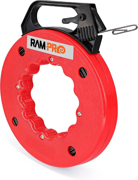 Fish Tape Wire Puller 50ft - Easy to use Cable Puller Tool with Double Loop Tip - Flexible Wire Fishing Tools for Walls and Electrical Conduit - 1/8 Steel Fish Tape Durable Housing - RamPro