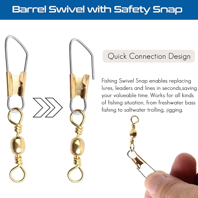 AGOOL Barrel Swivel Snap Kit - 50pcs Barrel Swivels with Safety Snaps High Strength Fishing Quick Connect Snap Swivels with Solid Ring Fishing Tackle Accessories Box Kit Size 4#,6#,8#,10#,12#,14#