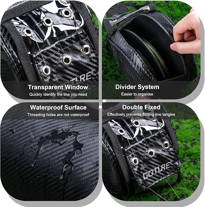 Goture 3/6 Outlet Holes Fishing Line Storage Bag, 2 Sizes Clear View Window Fishing Line Case, Removable Divider Fishing Line Organizer, Water-Resistant Surface, Tangle-Free Leader Line Spool Bag