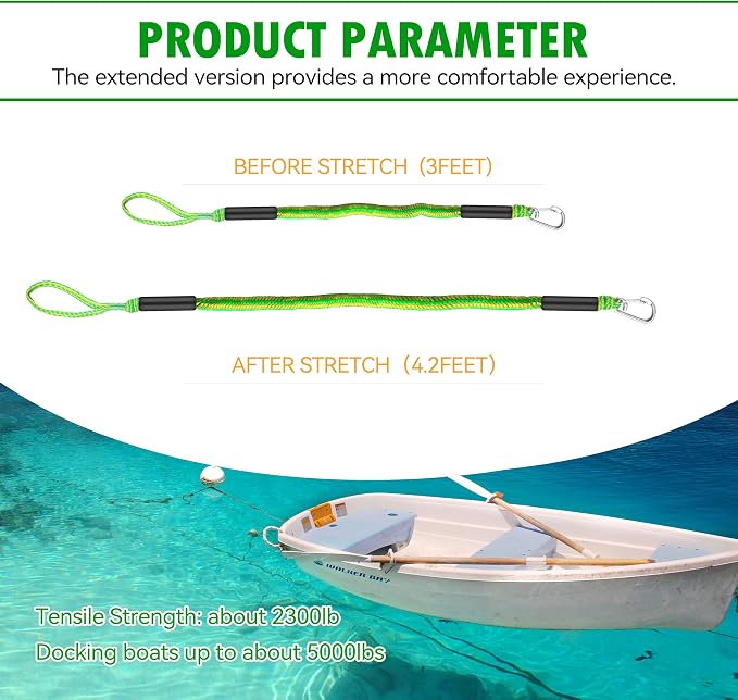 Boat Bungee Dock Lines – Adjustable Boat Tie Downs for Pontoon, Jet Ski, PWC, Kayak | Single Hook Small Cruiser Mooring Lines | (2, Green & Yellow, 3 Feet)