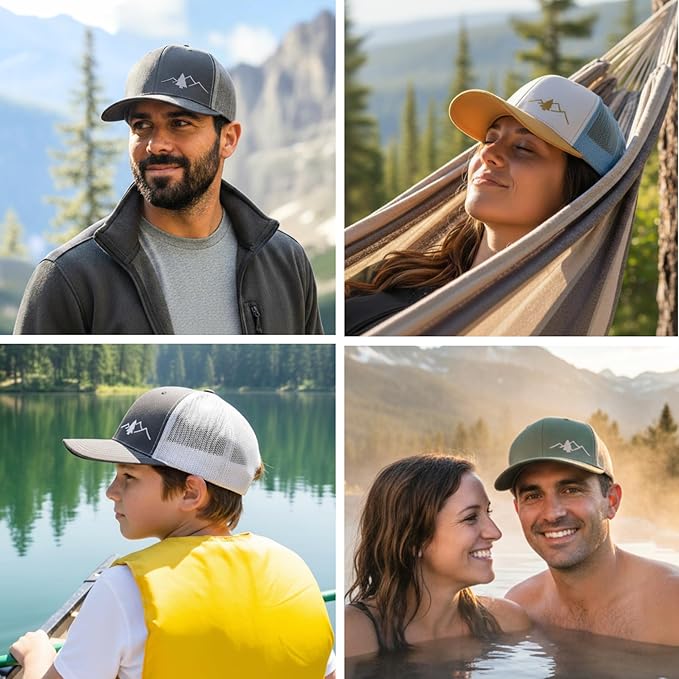 LINDO Trucker Hat [ Great Outdoors Design ] for Men and Women: Mid Profile Cap with Breathable Mesh Back and Adjustable Snap
