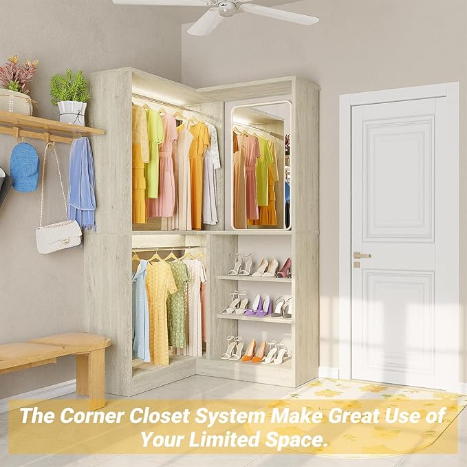 Unikito 36 Inch Corner Closet System, Large Freestanding Closet Organizer System with 2 Hanging Rods and Storage Shelves, Sturdy Walk in Tower, 36" W x 36" D x 80" H, White Oak