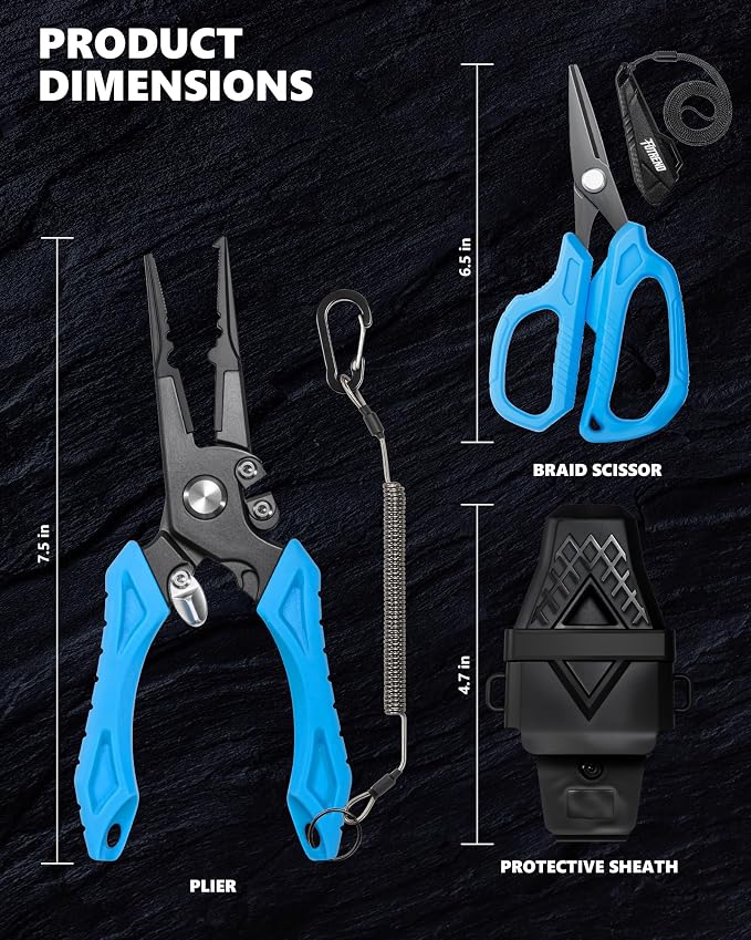 Fishing Tool Kit, Fishing Gear - Fishing Plier with Sheath, Fillet Knife, Fishing Scissors, Fish Lip Gripper, Tool Retractor, Keychain Bottle Opener, Fishing Gifts for Men