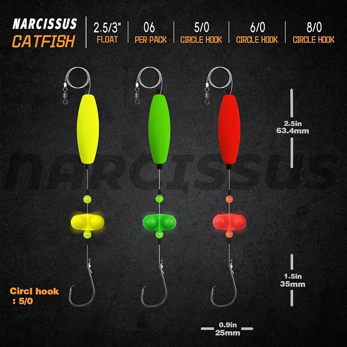 Narcissus Catfish Rigs Set – 6 Pre-Tied Rigs with 2 Sinker Sliders, Float Rigs Tackle, Santee Rig, Circle Hooks 6/0 – Complete & Ready-to-Use Kit