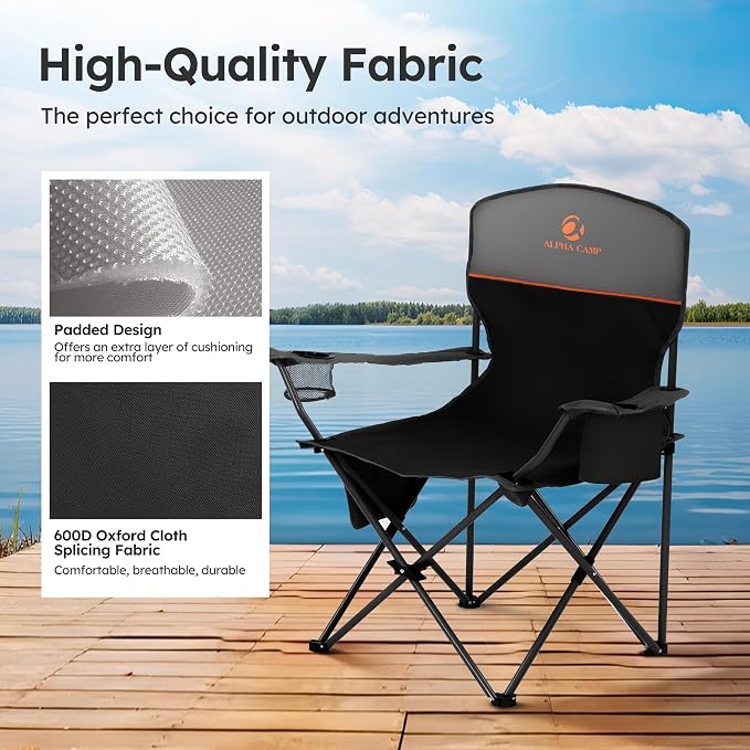 LET'S CAMP Camping Chair 2 Pack Folding Chair with 4-Can Cooler Bag Portable Lawn Chair with Cup Holder,Storage Pocket, Supports 250LBS, Collapsible Chair for Camp, Beach, Picnic (Black)