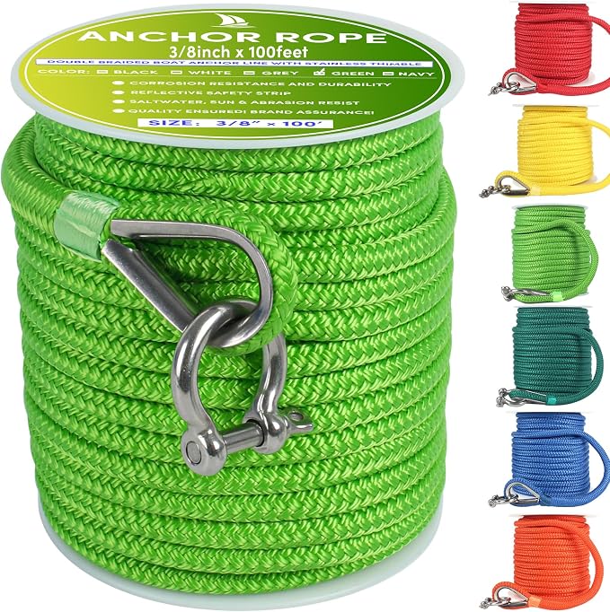 Boat Anchor Rope 100 ft x 3/8 inch Grass Green, Double Braided Anchor Line with Stainless Steel Thimble & Shackle, Marine Rope Ideal for Towing,Mooring,Decks,Anchoring,for Boats Up to 27'