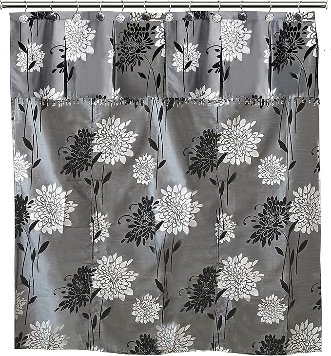 Zahari Home 13pc Erica Bathroom Fabric Shower Curtain Sets Bathroom Shower Curtain & 12 Shower Bathroom Hooks Modern Classic Luxury Contemporary Decor Grey Shower Curtain Stylish Bath Sets