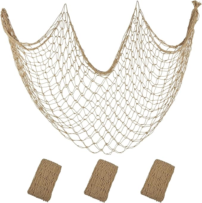 ZUEXT Caramel Decorative Fishing Net 5x10 ft, 3 Pack Large Picture Fish Net, Wall Photo Hanging Fishnet for Nautical Mermaid Pirate Ocean Themed Hawaii Beach Under The Sea Party Decorations