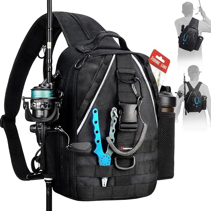 Piscifun Fishing Backpack with Rod Holder, Lightweight Sling Bag Storge Gear and Equipment