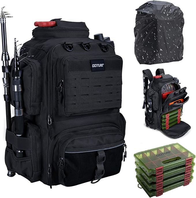 Goture Fishing Backpack with 4 Tackle Boxes,900D Water-Resistant Tackle Backpack with Rod Holders,45L Large Fishing Bag Storage Gear Tackle Bag with Rain Cover,Bottle Holder for Travel Camping Hiking