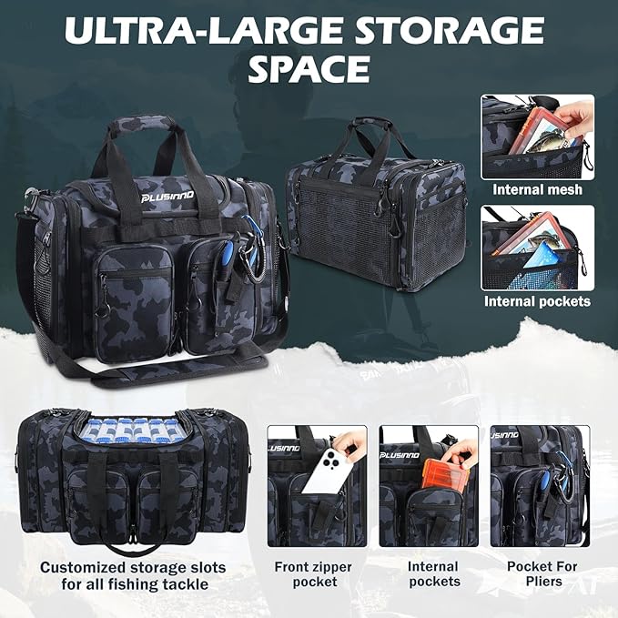 PLUSINNO Tackle Bag - Expandable Fishing Bag with fishing net for Saltwater & Freshwater - Water Resistant Fishing Gear Shoulder Bag For Men