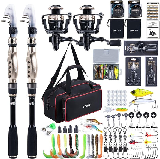 GOTURE Telescopic Fishing Rod and Reel Combos, Carbon Fiber Travel Fishing Pole, 9+1 BB Spinning Reel, Saltwater Freshwater Fishing Gear Kit with Braided Line, Lures, Carrier Bag for Bass Trout