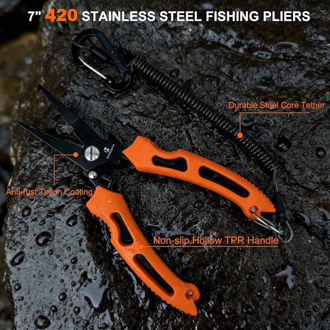 BasicGear Multi-Functional Fishing Pliers - 7" 420 Stainless Steel Head with Teflon Coating, Built-in Spring & Lock, Non-Slip Rubber Grip