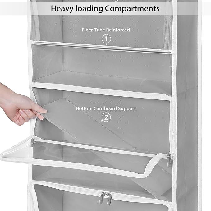 Univivi Hanging Yarn Storage Organizer with 5 Zipper Closure Compartments, Large Capacity Knitting Organizer Storage, Over the Door Hanging Yarn Holder for Knitting Needles, Crochet Hooks (Light Grey)