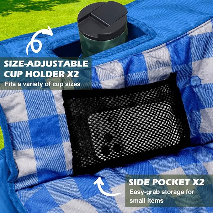 Youtanic Double Camping Chair, Heavy Duty 650lbs Padded Loveseat for Adults, Folding 2 Person Camp Couch with Cup Holder & Carry Bag, Wide Plaid Portable Lawn Seat for Outdoor Beach Sports, Blue