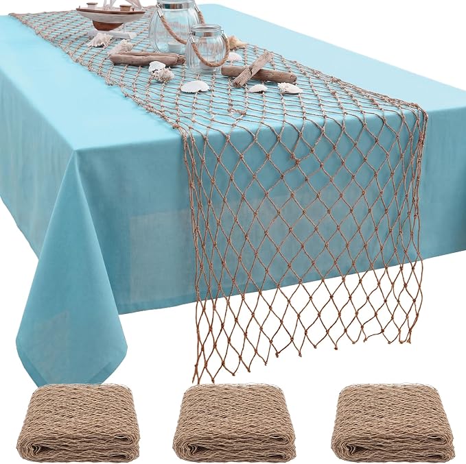 SATINIOR 3 Pcs Fish Net Party Decorations Fishing Net Table Runner 12x72'' Decorative Nautical Cotton Fishnet for Pirate Mermaid Hawaiian Ocean Beach Under the Sea Themed Party Decor (Linen)