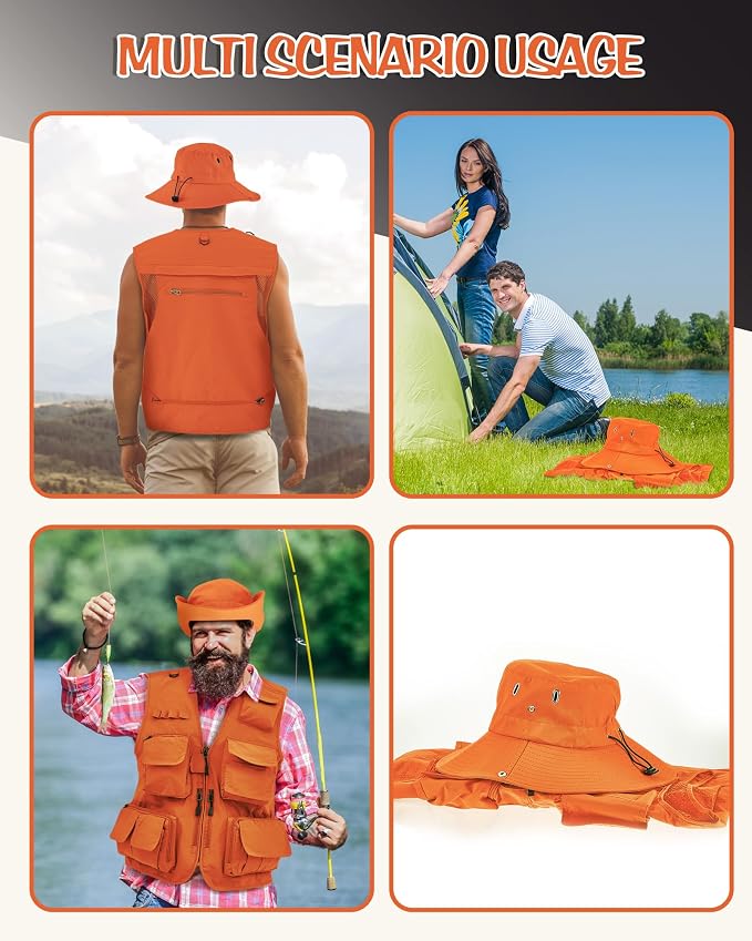 Shihanee 2 Pcs Men's Fishing Vest Sun Hat Multi Pocket Safari Vest for Outdoor Hiking Summer Travel