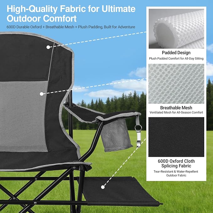XGEAR Camping Chairs 350LBS Capacity, Heavy Duty Folding Chair with Side Table, Portable Outdoor Chair with Cup Holder for Adults, Collapsible for Tailgating, Beach, Fishing, Backyard - Black