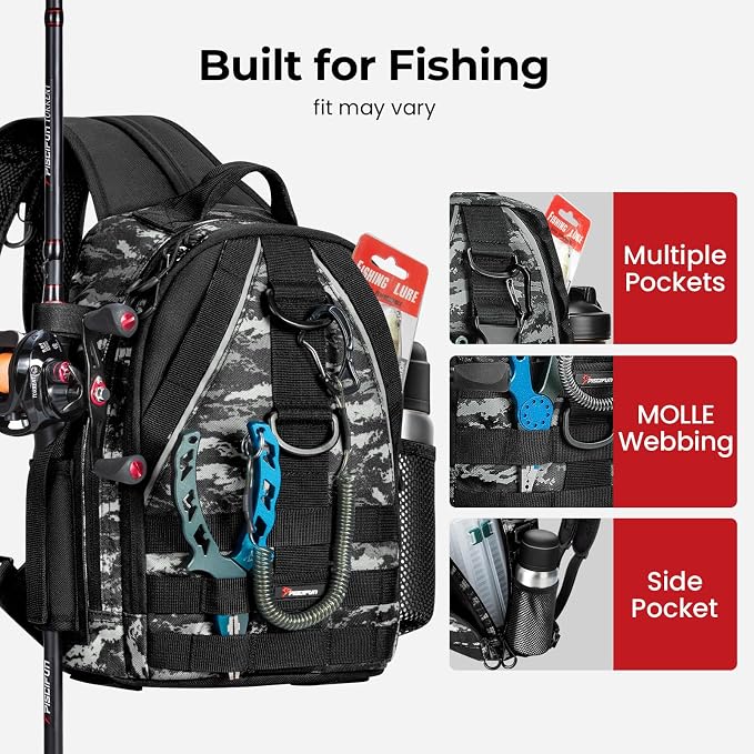 Piscifun Fishing Backpack with Rod Holder, Lightweight Sling Bag Storge Gear and Equipment