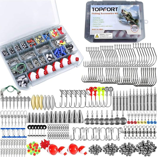 TOPFORT 187/343pcs Fishing Accessories Kit, Organized Fishing Tackle Box with Tackle Included, Fishing Hooks, Fishing Weights Sinkers, Fishing Gear and Equipment, Fishing Gift for Men